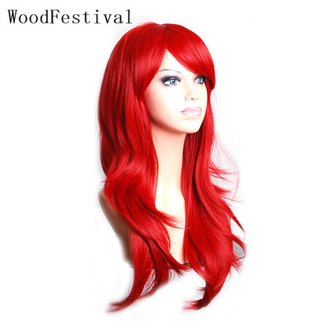 WoodFestival-peluca roja de disfraz para mujer, cabello sintético con flequillo, ondulado, Rosa largo, verde, morado, negro, azul, marrón, Rubio y blanco ► Foto 1/6