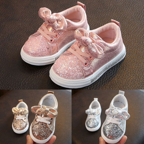 Zapatos informales para niñas pequeñas, zapatillas con lazo y lentejuelas, antideslizantes, color rosa ► Foto 1/6