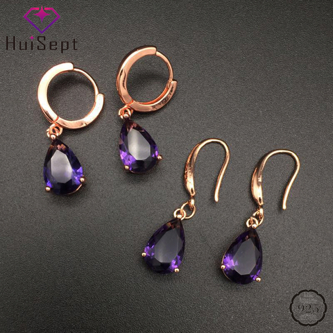 HuiSept-pendientes de plata 925 para mujer, en forma de gota de agua, gemas amatista, joyería, regalos de fiesta de boda, adornos ► Foto 1/6