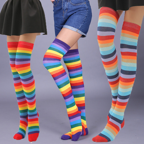 Calcetines largos de rayas multicolor para mujer y niña, medias Kawaii de algodón a rayas largo hasta el muslo, Cosplay de cebra de Anime, por encima de la rodilla, 1 par ► Foto 1/6