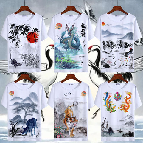 Camiseta de manga corta con estampado del zodiaco, Camiseta de cuello redondo de dragón de paisaje, unisex, ropa de calle, Tops básicos de verano ► Foto 1/6