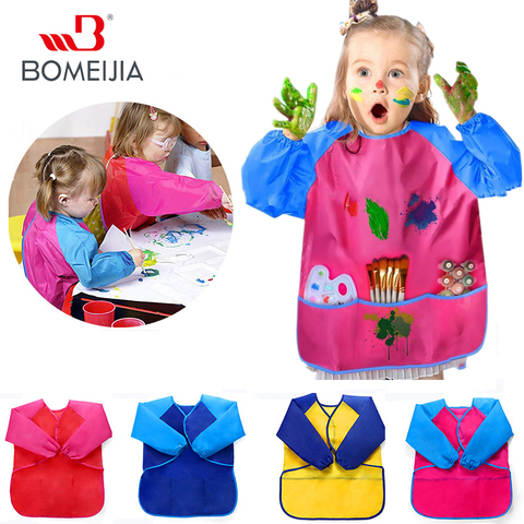 Delantal de dibujo para niños, baberos con mangas largas, bolsillo,  impermeable, pintura, alimentación, delantal, babero