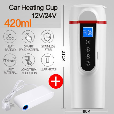 Taza calefactora portátil de acero inoxidable para coche, 420ml, 12V/24V, con pantalla LCD, hervidor de temperatura eléctrico para café, té, leche calentado ► Foto 1/6