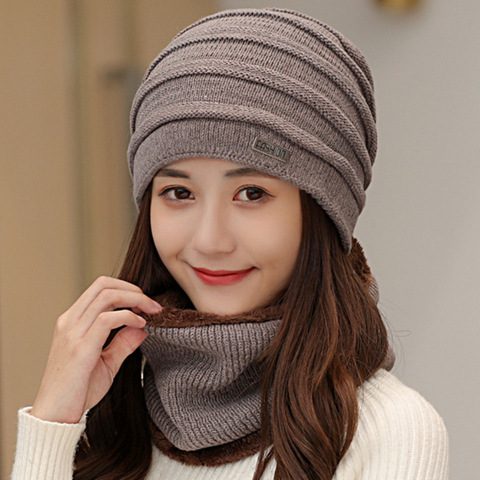 Conjunto de bufanda gruesa para hombre y mujer, gorro cálido de invierno con anillo, bufanda, gorro forrado de lana, accesorios de invierno ► Foto 1/6