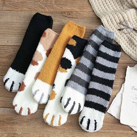 Calcetines cálidos y gruesos para mujer, medias con Linda Pata de Gato, dibujos animados, para dormir en casa, dormitorio, 6 calcetines de colores, harajuku kawaii ► Foto 1/6