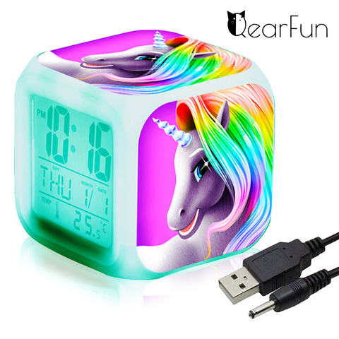 Reloj despertador de unicornio para niños, luz LED nocturna de 7 colores, con termómetro repetición, regalo de Navidad ► Foto 1/6