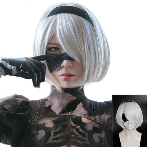 NieR:Automata 2B YoRHa No. 2, peluca corta de heroína, color gris y plateado, disfraz de Cosplay resistente al calor (No incluye parche para los ojos) ► Foto 1/1