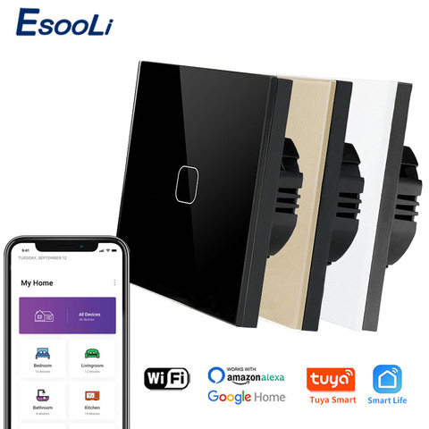 EsooLi-Interruptor táctil de cristal para la pared, inalámbrico, con control de voz, material retardante de fuego, compatible con app Tuya y Smart Life, apto para la Unión Europea y Reino Unido ► Foto 1/6