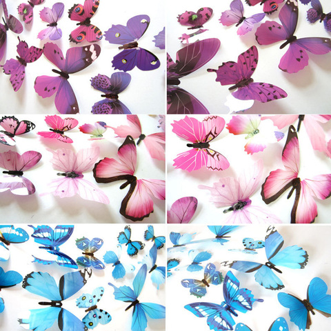 Pegatinas de mariposas 3D para pared, 12 Uds., calcomanías de mariposa de decoración del hogar, decoraciones de boda, papel tapiz para habitación de salón de PVC ► Foto 1/6