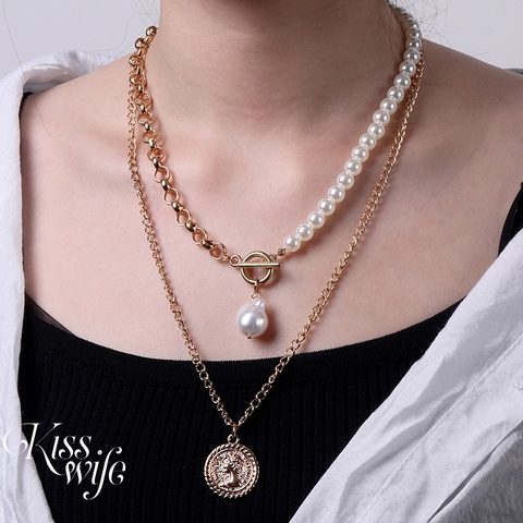 Collar con colgante de moneda y Perla Barroca para mujer, gargantilla de cadena de múltiples capas, estilo Hip Hop, Punk, joyería ► Foto 1/5