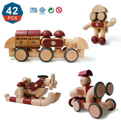 Juego de bloques magnéticos para niños de 42 Uds., juguetes magnéticos de madera, juguetes educativos para niños, regalos de navidad ► Foto 1/6