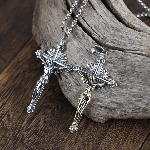 Colgante de crucifijo católico de Plata de Ley 925 auténtica para hombre, joyería religiosa Retro antigua para oración ► Foto 1/6