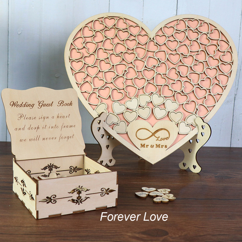 Libro de invitados de boda en forma de corazón, decoración rústica, caja de gota de corazón rosa, 3D, libro de invitados con caja de madera ► Foto 1/6