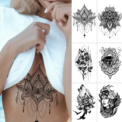 Tatuaje temporal impermeable adhesivo lazo en el pecho, mandalas de Henna, tatuajes Flash, Lobo, flor de diamante, arte corporal, brazo, Tatuaje falso, mujer y hombre ► Foto 1/6