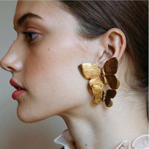 Pendientes de mariposa de Color dorado, elegantes, grandes, de Metal, mariposa, pendientes de tuerca para mujer, accesorios de joyería de moda, novedad de  ► Foto 1/6