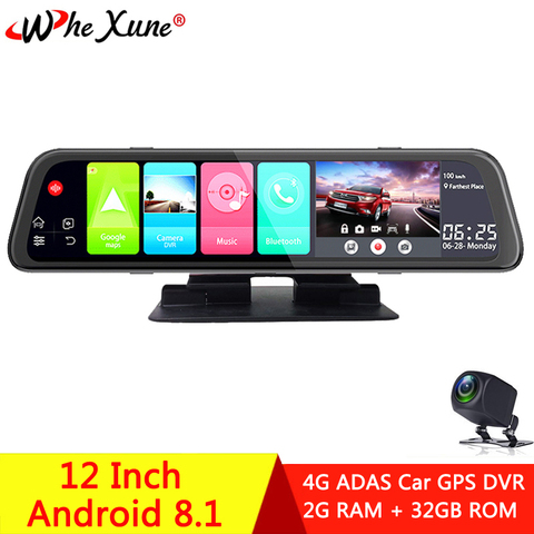 WHEXUNE-Cámara de navegación GPS para coche, grabadora de espejo FHD, 12 pulgadas, 4G, Android 8,1, Compatible con más Apps, 4G, Wifi, ADAS, cámara de salpicadero ► Foto 1/6