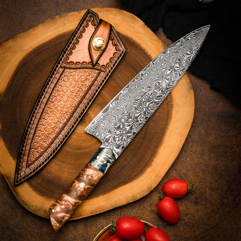 FZIZUO-cuchillo de Chef completo, hoja de acero de Damasco Tang, Burl, mango de madera, de cocina profesional de 8,3 pulgadas con funda ► Foto 1/6