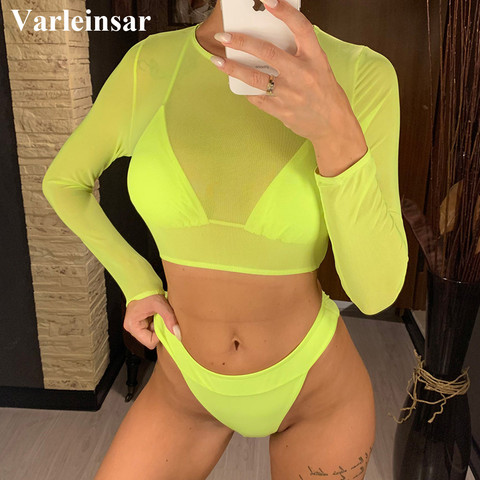 Bikini de manga larga de malla para mujer, traje de baño femenino de cintura alta, conjunto de Bikini de tres piezas, ropa de baño V2518 ► Foto 1/6