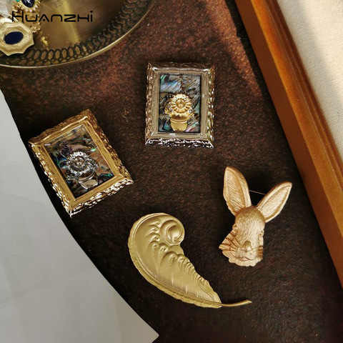 HUANZHI Vintage oro esmalte Color plata Pin conejo pintura de girasol abstracto rectángulo broche para mujer regalo de la joyería ► Foto 1/6
