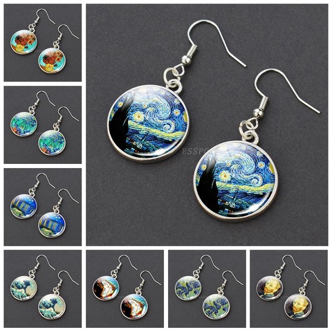 Van Gogh-pendientes de gota de acero inoxidable con pintura al óleo para mujer, aretes de gancho de cabujón de cristal, joyería de Color plata para mujer, venta al por mayor ► Foto 1/6