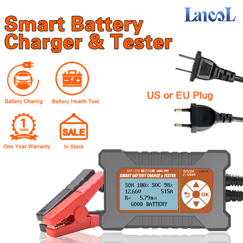 Lancol-cargador de batería automático CAT200 para coche, con pantalla LCD inteligente, 12V/3A 2-120AH, cargador de batería y probador ► Foto 1/5