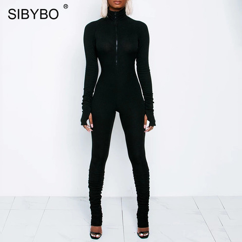 Sibybo-mono informal entallado de cuello alto para mujer, ropa deportiva de manga larga con cremallera frontal, monos de Fitness negros para mujer ► Foto 1/6