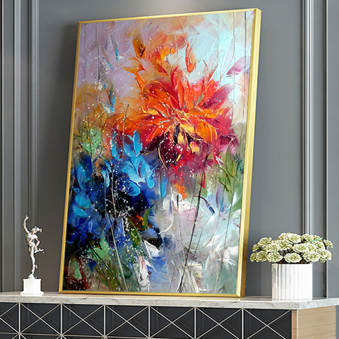 Pintura al óleo abstracta de acuarela, pintura al óleo de Flor naranja azul sobre lienzo, póster y estampado pintura, arte de pared para decoración de la habitación del hogar ► Foto 1/6