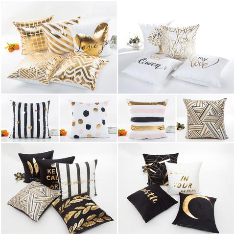 Funda para cojín blanco y negro, funda de almohada con estampado geométrico dorado, nórdico, Simple, para sofá cama, decoración para sala de estar ► Foto 1/6