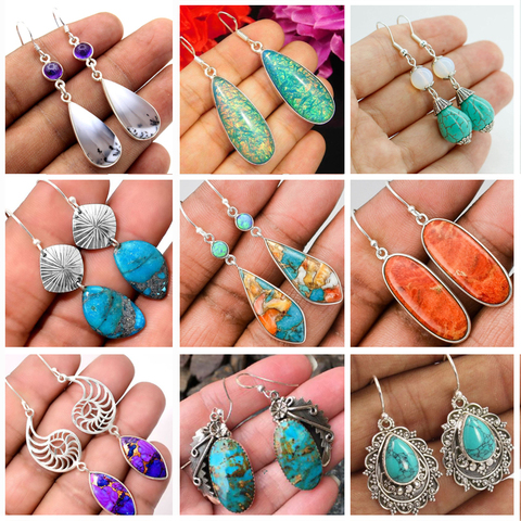 Pendientes largos bohemios Vintage para mujer, joyería Bohemia, turquesas azules naturales étnicas, aretes de piedra, Z5C257 ► Foto 1/6