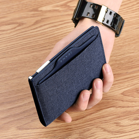 Cartera ultradelgada de tela vaquera para hombre, Mini billetera de lona vertical corta con clip de identificación, portatarjetas ► Foto 1/1