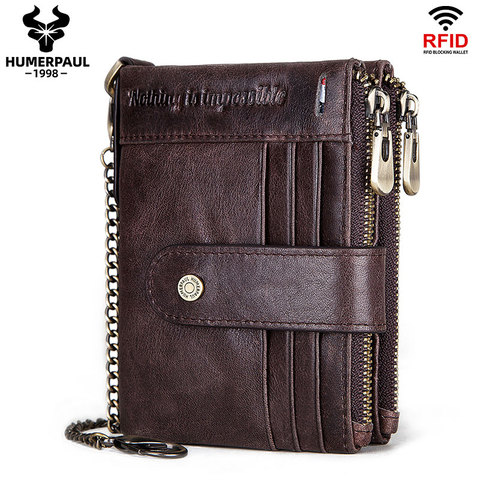 Carteras RFID para hombre, Cartera de cuero con doble pliegue, monedero bolsa de monedas masculino corto Vintage, cartera multifuncional para tarjetas, bolso de cadena de diseñador ► Foto 1/6