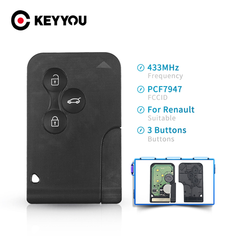 KEYYOU-llave remota con Chip ID46 PCF7947, 3 botones, 433Mhz, para Renault Clio, Logan, Megane 2 3, tarjeta inteligente escénica, llave de inserción de emergencia ► Foto 1/6