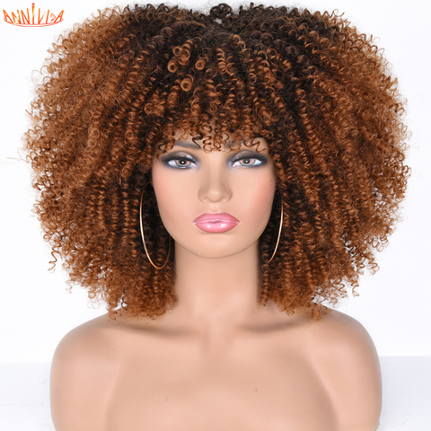 Afro corto rizado pelucas con flequillo para las mujeres negras rubia marrón Cosplay sintético Africana pelucas resistente al calor Annivia ► Foto 1/6