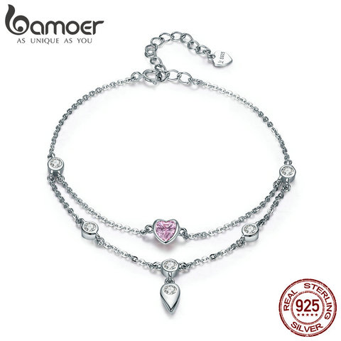 BAMOER-Pulseras de capas dobles de circonia cúbica rosa para mujer, de Plata de Ley 925 romántica, joyería de plata fina SCB090 ► Foto 1/6