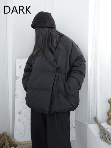 Yamamoto-Chaqueta de plumón de pato con diseño de nicho para mujer, estilo literario, negro oscuro, color blanco, novedad de invierno de 2022 ► Foto 1/5