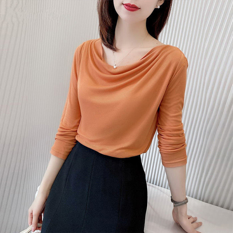 Las mujeres blusas de estilo primavera otoño camisa de manga larga de las mujeres de Color sólido de cuello Casual coreano Tops DD9023 ► Foto 1/6