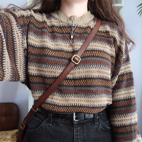 Jersey de calle para mujer, suéteres de colores contrastantes a rayas, ropa Vintage de punto de manga larga con cuello redondo ► Foto 1/6