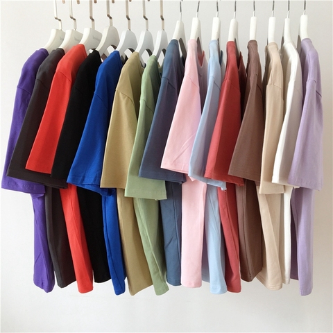 Camiseta lisa para mujer, Camiseta básica coreana informal suelto en color negro, blanco, rosa, rojo, azul, gris y morado ► Foto 1/6