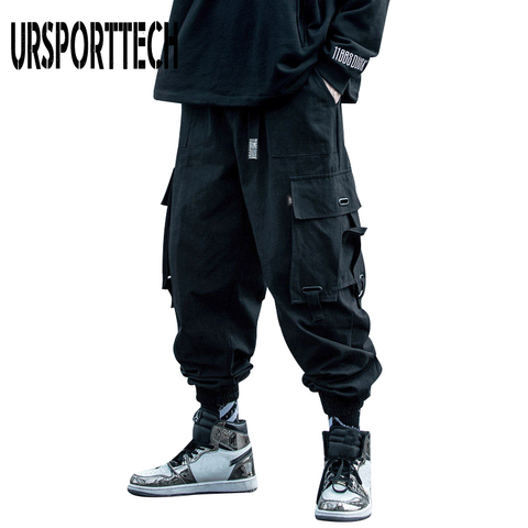 URSPORTTECH-pantalones Cargo negros para hombre, pantalón harén de Hip Hop, ropa de calle, Harajuku, pantalón de chándal, pantalones de algodón para hombre 2022 ► Foto 1/6