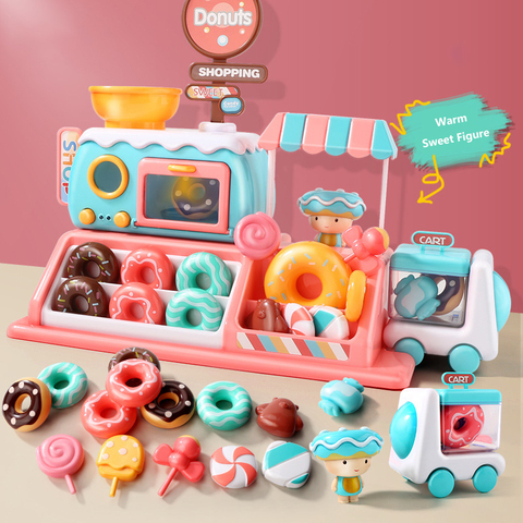 Coche de tienda de dulces de Donuts para niños, camión de juego ligero y musical de imitación, juguetes de cocina para niñas, 21 Uds. ► Foto 1/6