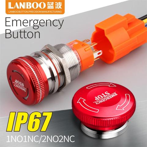 LANBOO 19mm 22mm impermeable IP67 de champiñón parada de emergencias interruptor de botón de empuje con led 1NO1NC 2NO2NC interruptor fuera de ► Foto 1/6