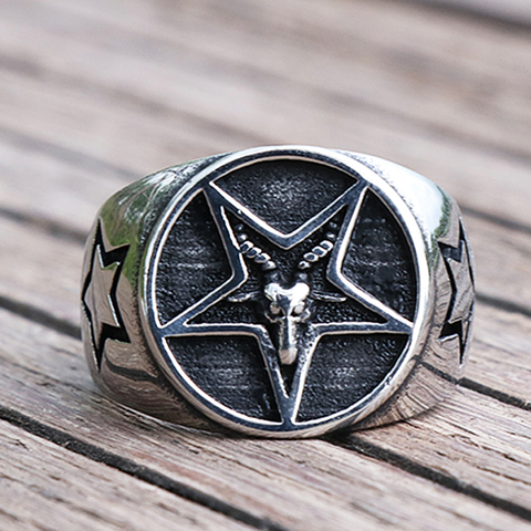Anillo gótico de pentagrama de cabra para hombre, anillo satánico de acero inoxidable, anillos de motociclista de estilo Punk, único, Satán, demonio, Baphomet ► Foto 1/6