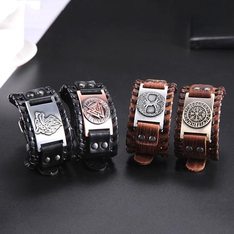 Jamieheaslip de Viking pulsera para hombres y mujeres de cuero ancho brazalete brújula Vegvisir colgante Árbol de la vida de lobo zorro pulsera amuleto joyería Wicca ► Foto 1/6