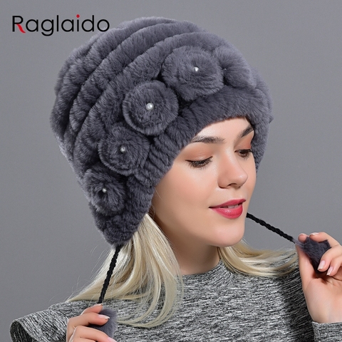 Sombrero de piel de conejo con perlas para mujer, gorros de piel de conejo cálidos con rayas a la moda, diseño único, sombreros de bombardero de piel natural, gorros de bola para mujer ► Foto 1/6