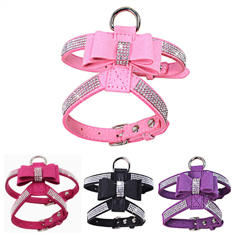 Rhinestone Bling Pet arnés para perro cachorro de terciopelo Correa con Bowknot para perro pequeño cachorro gato Collar rosa para Chihuahua productos para mascotas ► Foto 1/6