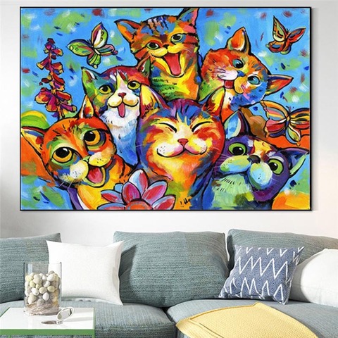 Pintura en óleo de gato en lienzo, Pintura abstracta, Animal para decoración de paredes, póster impreso, Cuadros de lienzo, decoración para sala de estar, Cuadros ► Foto 1/6