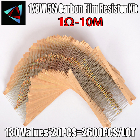 Kit de resistencias de película de carbono Kit de resistencias, paquete de muestras surtidas, 2600 Uds./lote 1/8W 5% 1R ~ 10Mohm 130valuesX20 Uds = 2600 Uds. ► Foto 1/2