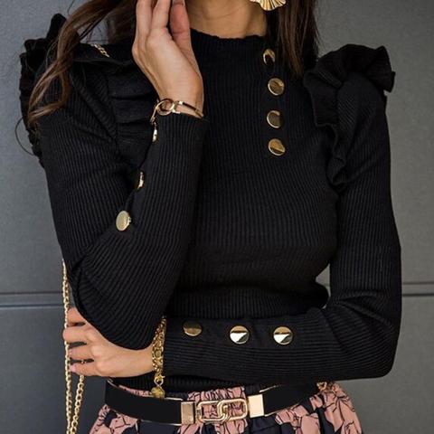 Blusa básica de talla grande para otoño e invierno, camisa de manga larga de punto con botones y volantes ► Foto 1/6