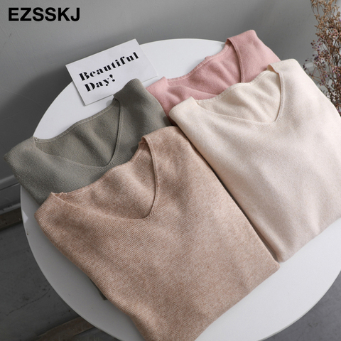Suéter básico de otoño invierno informal elegante pulóveres de mujer con cuello en V de punto sólido Delgado Jersey femenino de manga larga cálido suéter de color caqui ► Foto 1/6