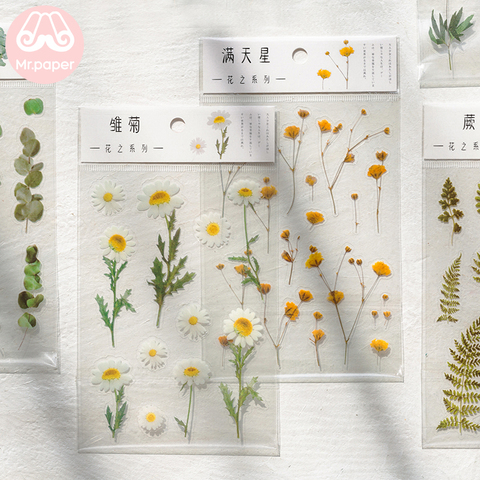 Pegatinas de palabras japonesas Mr.Paper 12 Designs Natural Daisy Clover, Material PET transparente, flores, hojas, plantas, pegatinas decorativas ► Foto 1/6